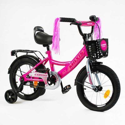 Велосипед 14" дюймів 2-х колісний "CORSO" MAXIS CL-14923 (1) кошик, ручне гальмо, дзвіночок, сидіння з ручкою, дод.колеса, ЗІБРАНИЙ НА 75, в коробці 143341 фото